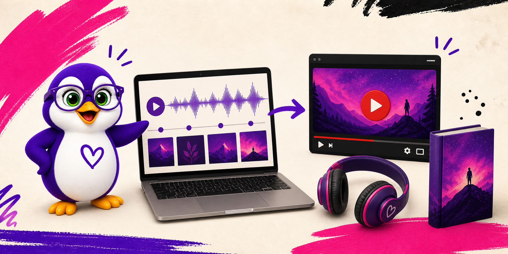 Audiobook audio becoming a YouTube-ready video with the Vibe Coding Authors penguin